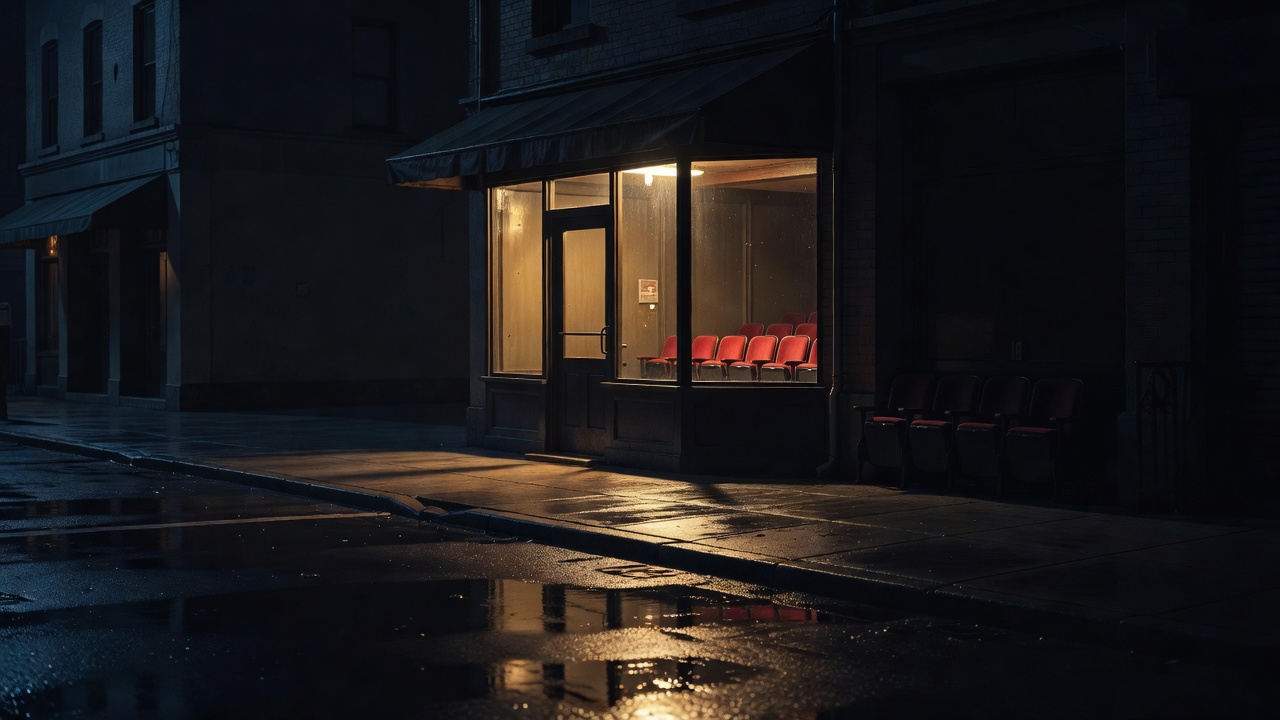 夜晚城市街景中的影院售票窗口与长廊，暖光透过玻璃落在空座椅上